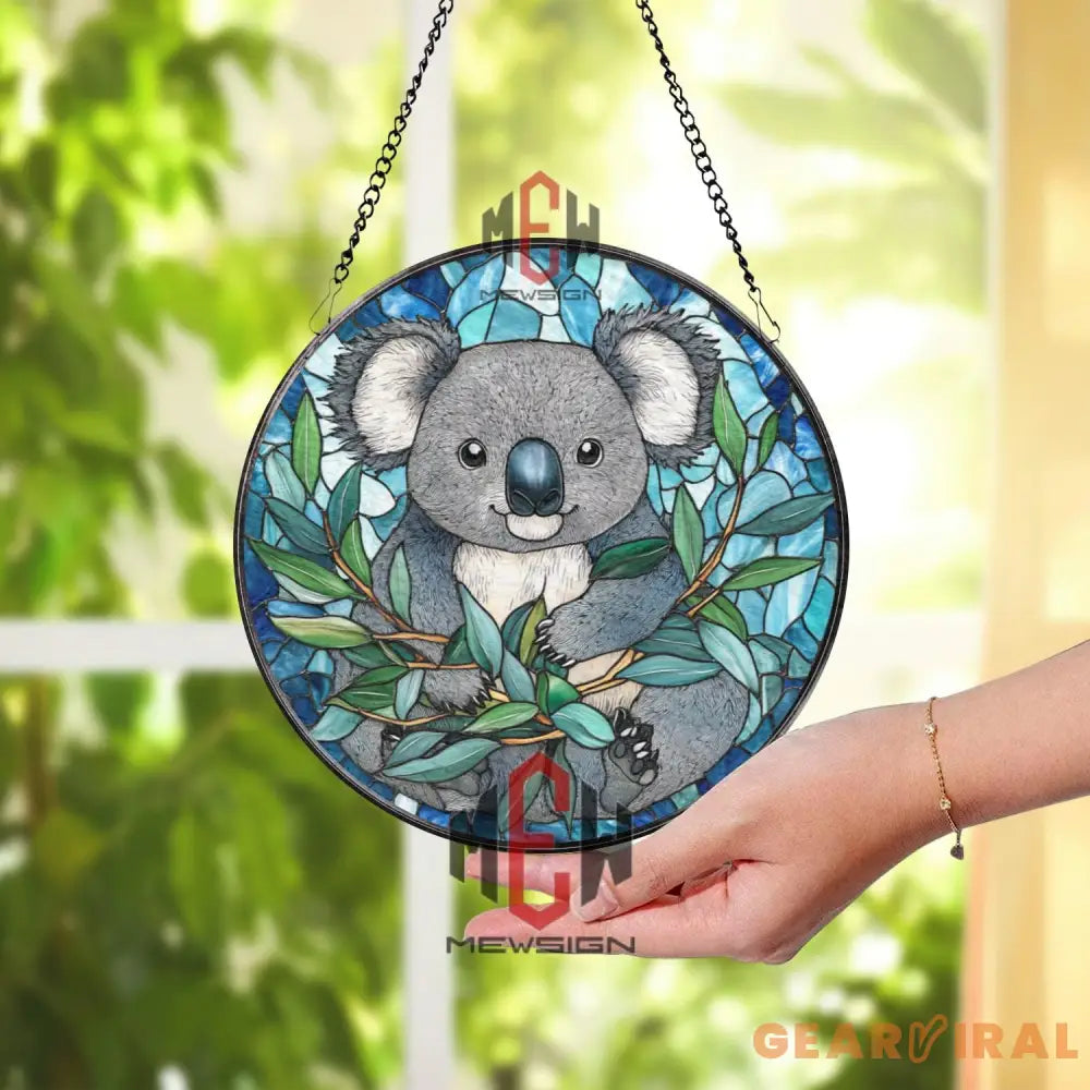 Koala Stained Glass Suncatcher Cute Australian Animal Window Hanging Round Wildlife Panel Decor Gift for Nature Lovers