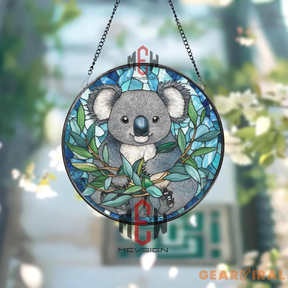 Koala Stained Glass Suncatcher Cute Australian Animal Window Hanging Round Wildlife Panel Decor Gift for Nature Lovers