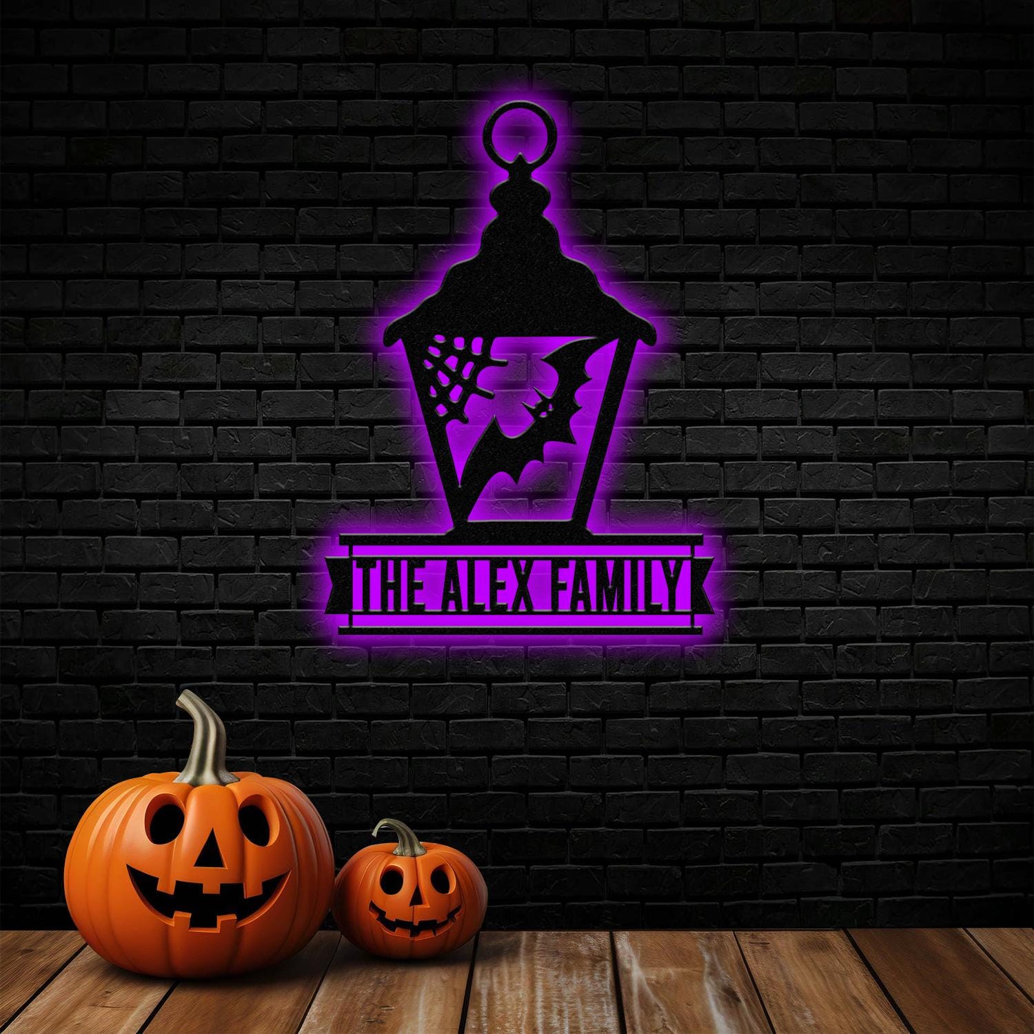 Lantern Bat Halloween Name LED Sign, Personalized Name LED Lights, Halloween Sign, Outdoor Door Monogram, Halloween Metal sign