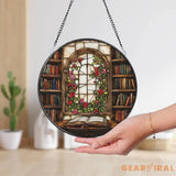 Library Window Stained Glass Suncatcher Book Lover Glass Panel Arched Floral Window Hanging Cozy Reading Nook Decor Gift