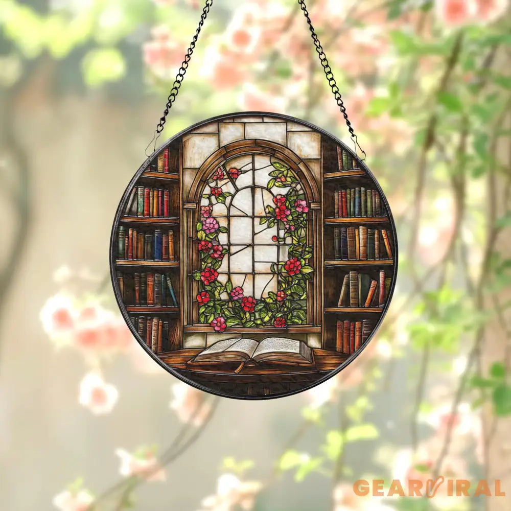 Library Window Stained Glass Suncatcher Book Lover Glass Panel Arched Floral Window Hanging Cozy Reading Nook Decor Gift