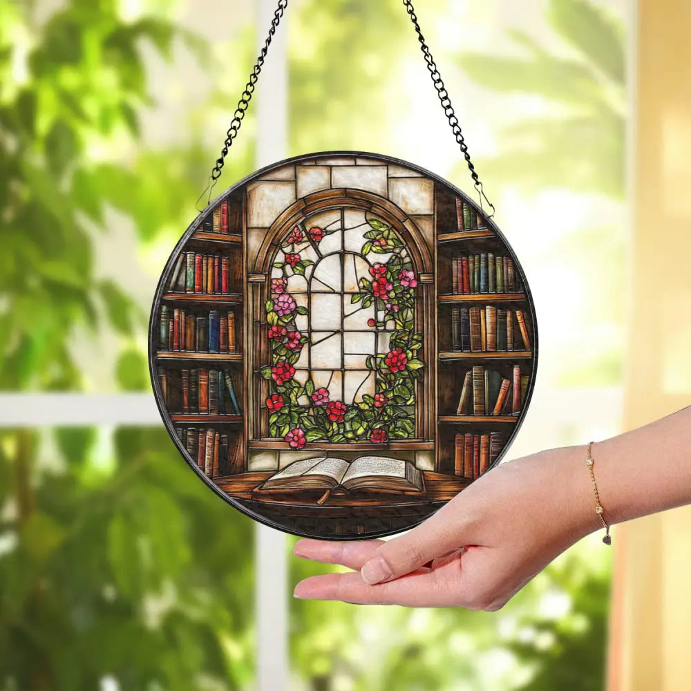Library Window Stained Glass Suncatcher Book Lover Glass Panel Arched Floral Window Hanging Cozy Reading Nook Decor Gift