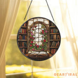 Library Window Stained Glass Suncatcher Book Lover Glass Panel Arched Floral Window Hanging Cozy Reading Nook Decor Gift