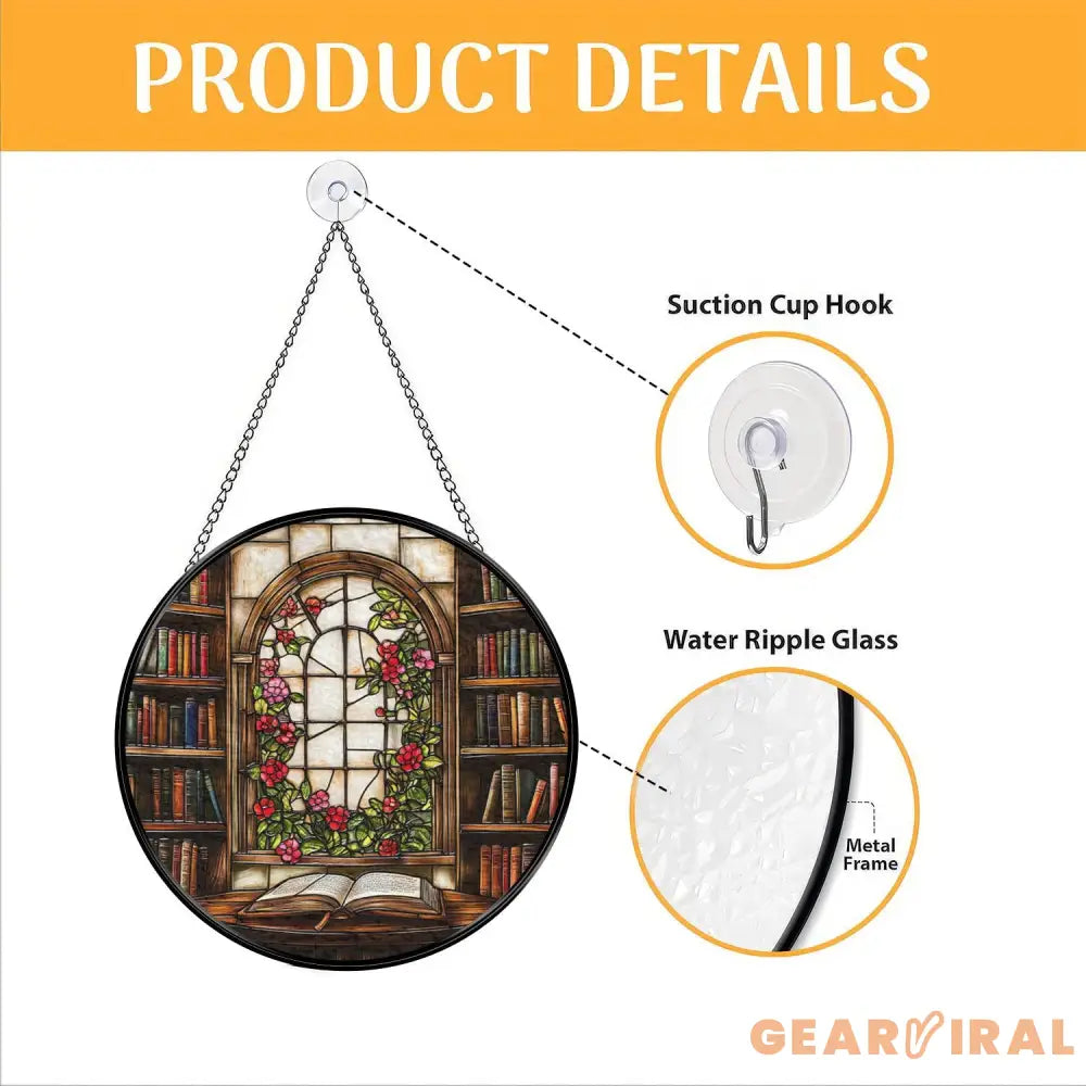 Library Window Stained Glass Suncatcher Book Lover Glass Panel Arched Floral Window Hanging Cozy Reading Nook Decor Gift