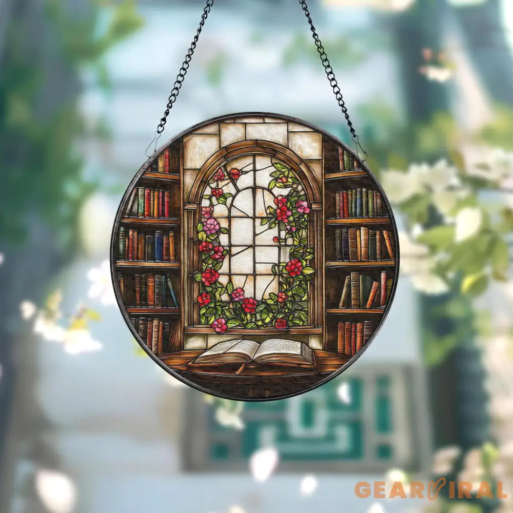 Library Window Stained Glass Suncatcher Book Lover Glass Panel Arched Floral Window Hanging Cozy Reading Nook Decor Gift