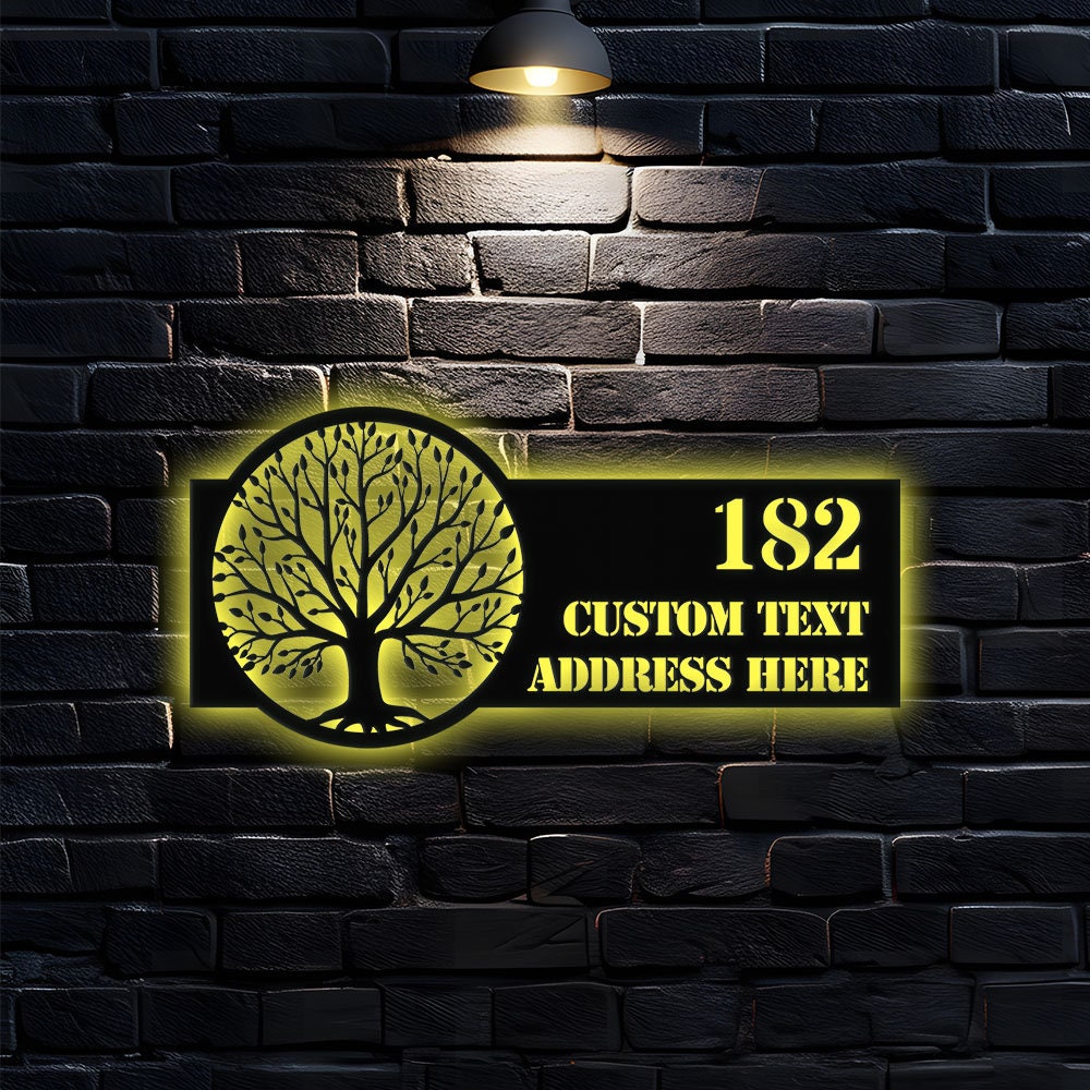 Life Tree Personalized Metal Address Led Sign - Last Name Initial Hanging -  Personalize Metal Sign - Number Address Sign - Housewarming