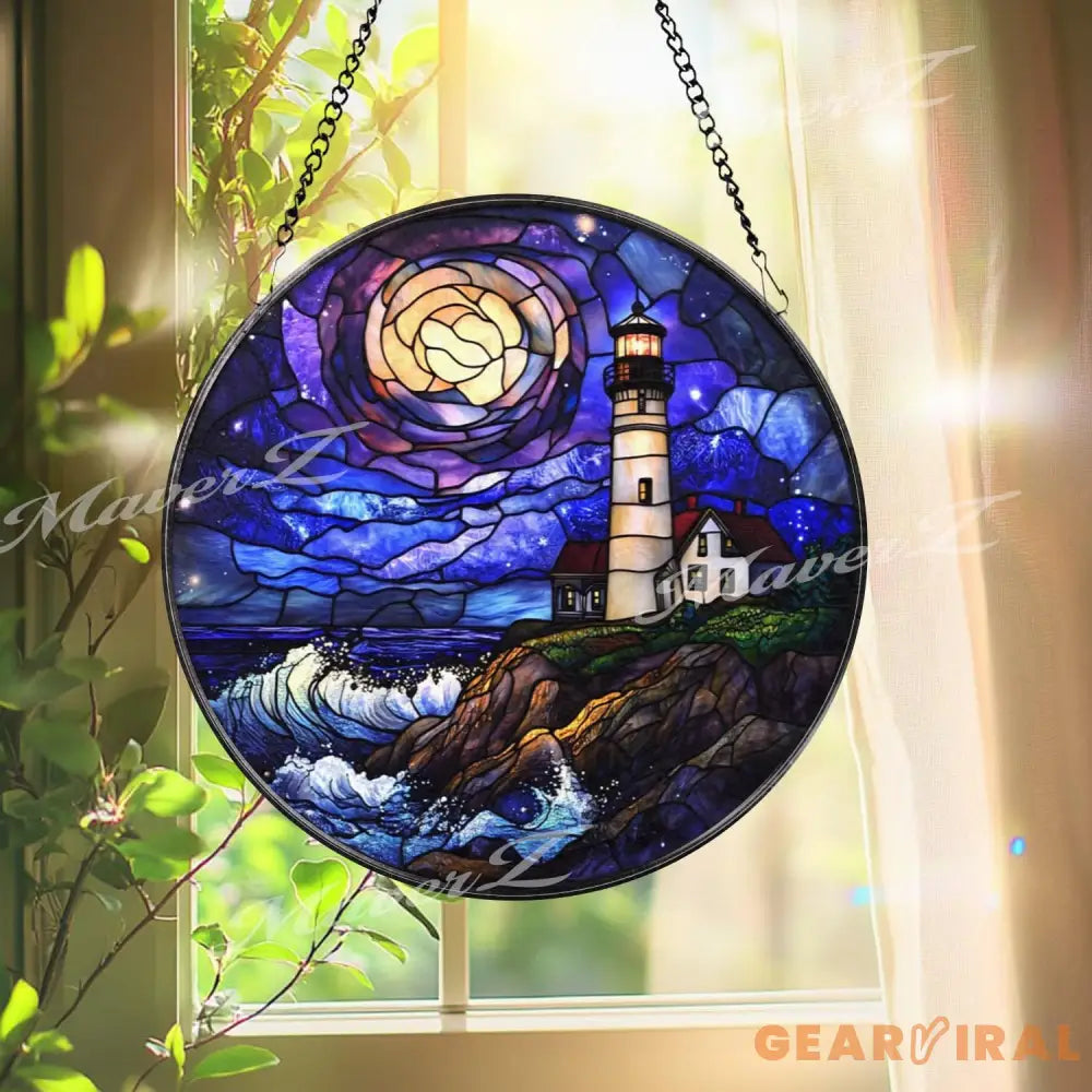 Lighthouse Ocean Sunset Stained Glass Suncatcher Coastal Nautical Window Panel Round Glass Lighthouse Decor Seaside