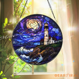 Lighthouse Ocean Sunset Stained Glass Suncatcher Coastal Nautical Window Panel Round Glass Lighthouse Decor Seaside