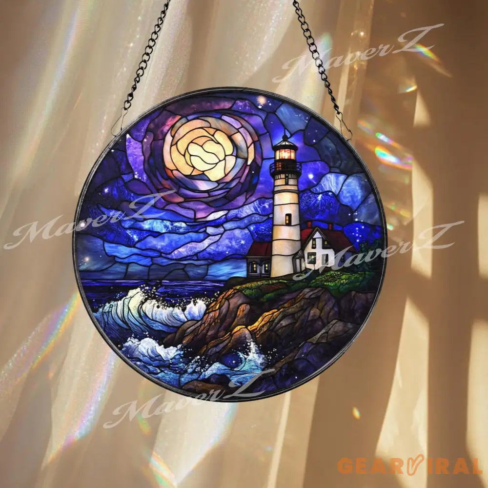 Lighthouse Ocean Sunset Stained Glass Suncatcher Coastal Nautical Window Panel Round Glass Lighthouse Decor Seaside