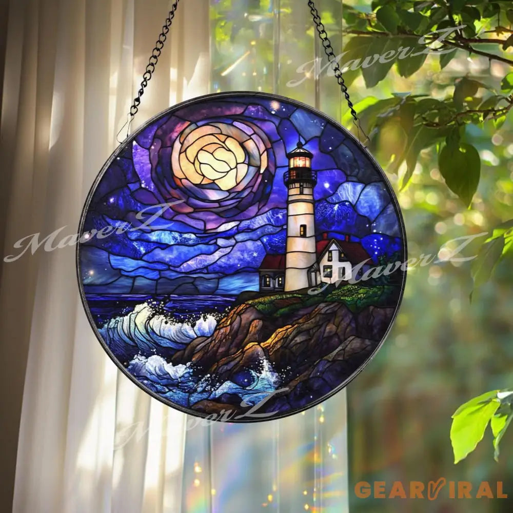 Lighthouse Ocean Sunset Stained Glass Suncatcher Coastal Nautical Window Panel Round Glass Lighthouse Decor Seaside