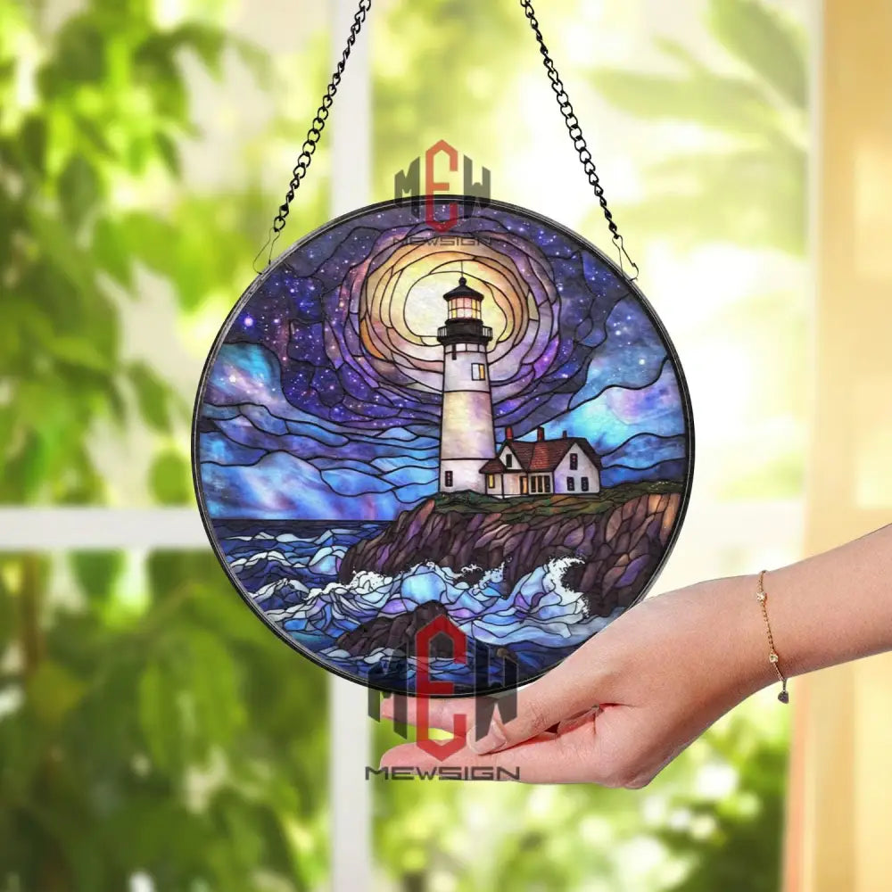 Lighthouse Stained Glass Suncatcher Nautical Ocean Window Hanging Panel Coastal Beach House Decor Seaside Light Gift