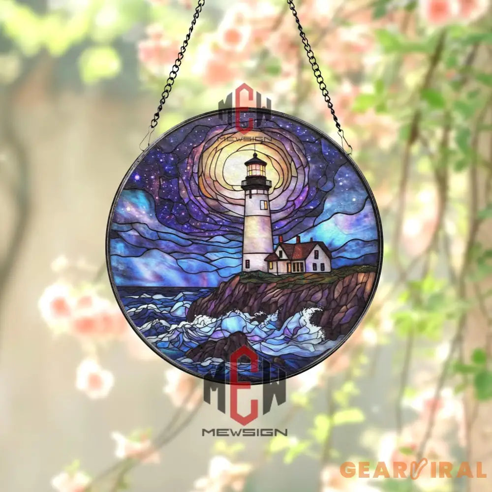 Lighthouse Stained Glass Suncatcher Nautical Ocean Window Hanging Panel Coastal Beach House Decor Seaside Light Gift