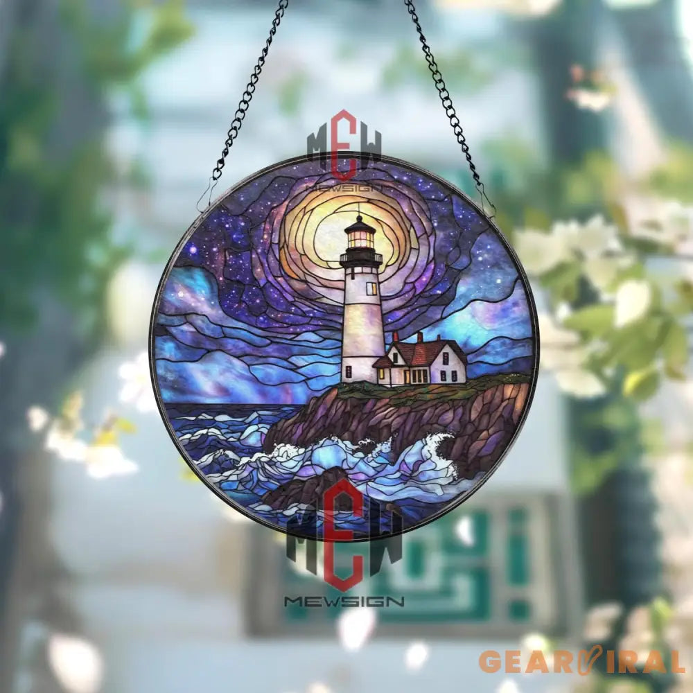 Lighthouse Stained Glass Suncatcher Nautical Ocean Window Hanging Panel Coastal Beach House Decor Seaside Light Gift