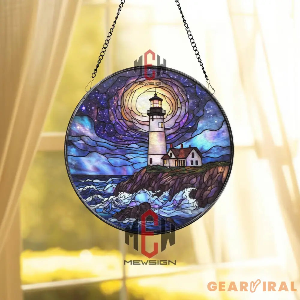 Lighthouse Stained Glass Suncatcher Nautical Ocean Window Hanging Panel Coastal Beach House Decor Seaside Light Gift