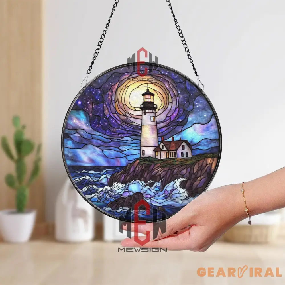 Lighthouse Stained Glass Suncatcher Nautical Ocean Window Hanging Panel Coastal Beach House Decor Seaside Light Gift