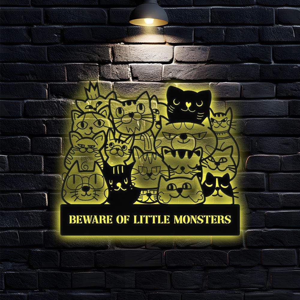 Little Monster Metal LED Sign, Personalized Family Led Sign, Outdoor Door Sign, Personalized Cat Wall Art, Gift for Housewarming, Cat Lover