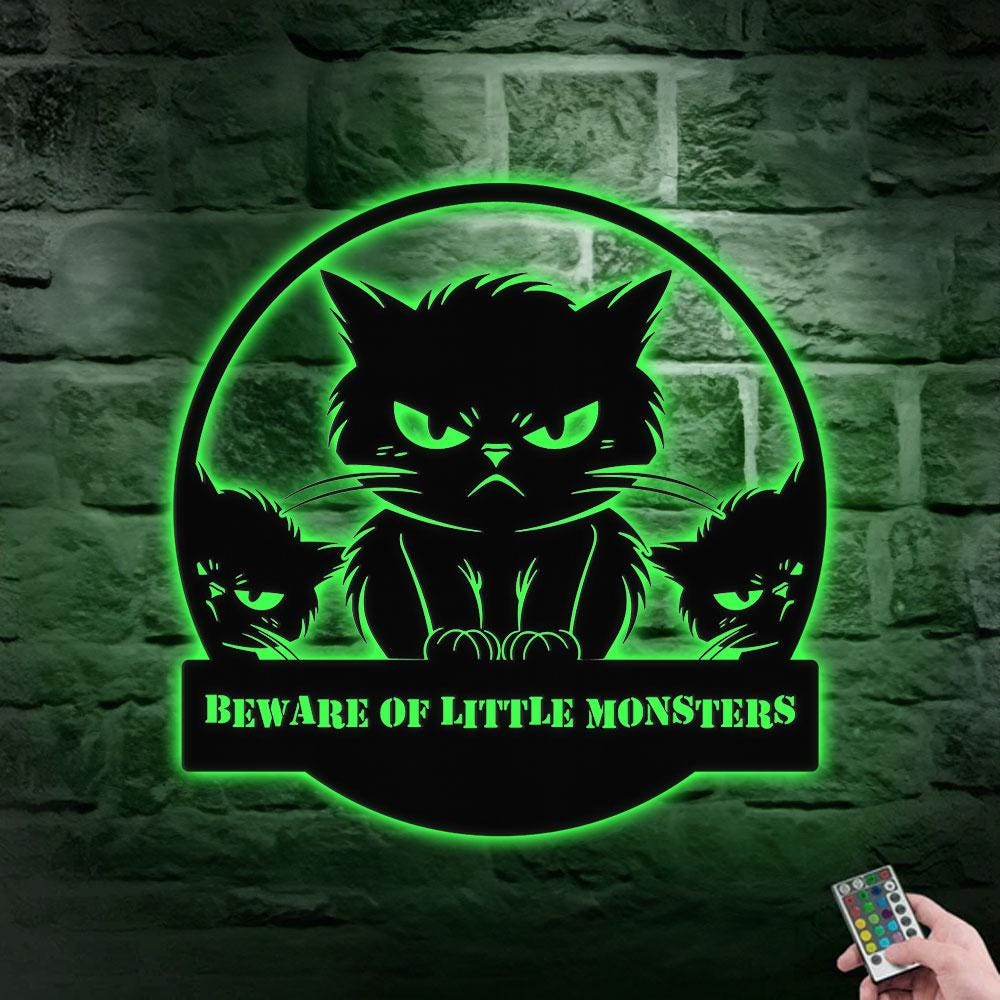Little Monster Metal LED Sign, Personalized Family Led Sign, Outdoor Door Sign, Personalized Cat Wall Art, Gift for Housewarming, Cat Lover