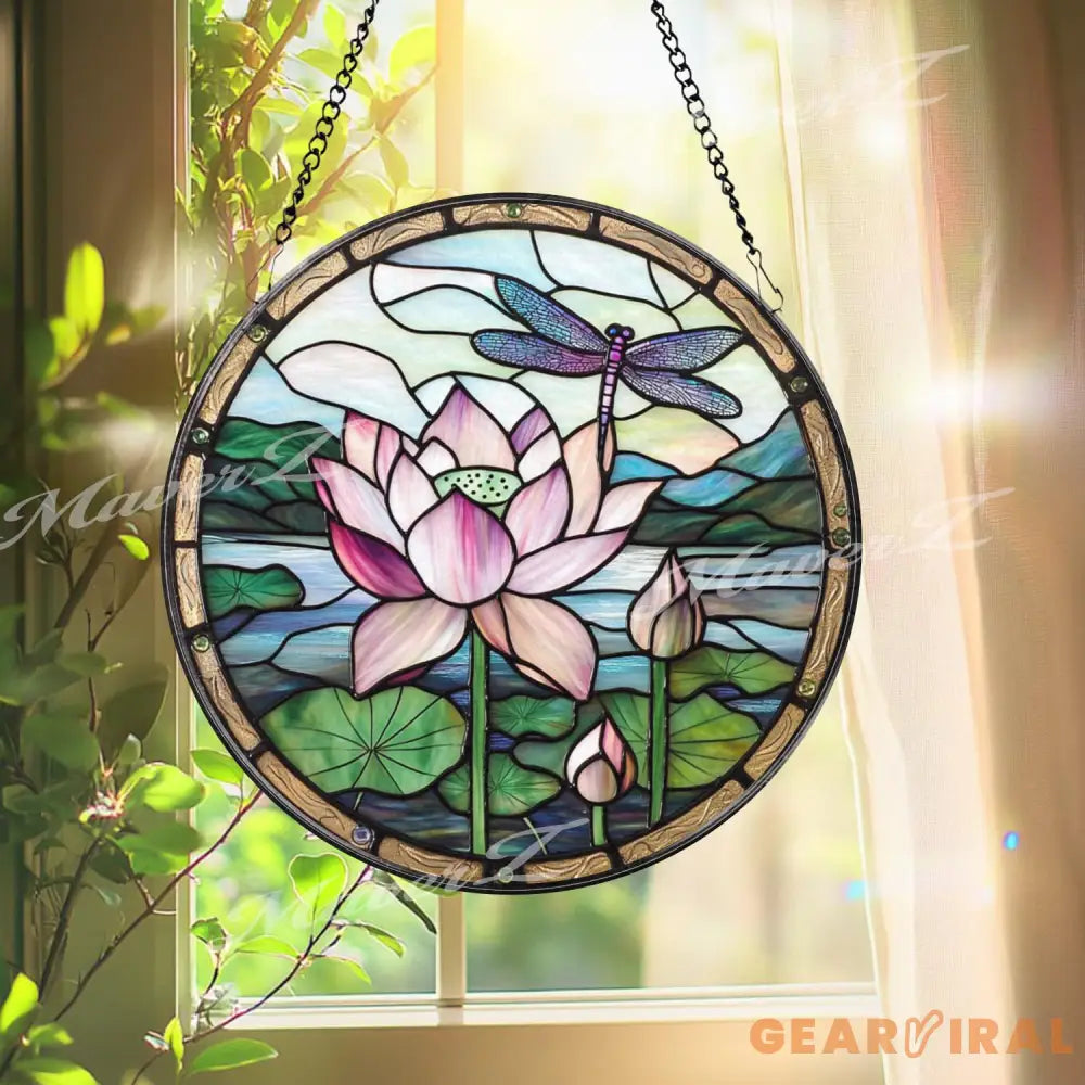 Lotus Flower and Dragonfly Stained Glass Suncatcher Round Window Panel for Zen Garden Decor Tranquil Nature Gift