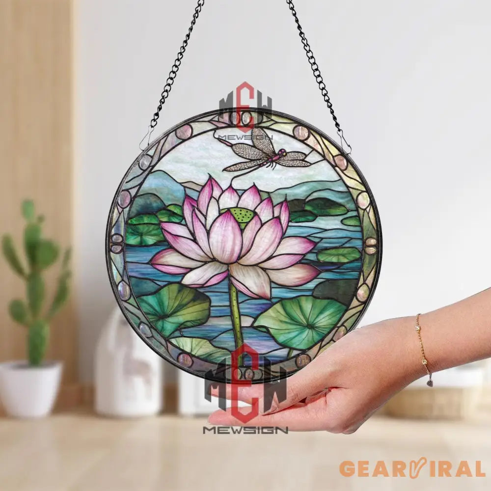 Lotus Flower Stained Glass Suncatcher with Dragonfly Round Window Hanging Panel Zen Nature Decor Asian Inspired Gift