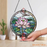 Lotus Flower Stained Glass Suncatcher with Dragonfly Round Window Hanging Panel Zen Nature Decor Asian Inspired Gift