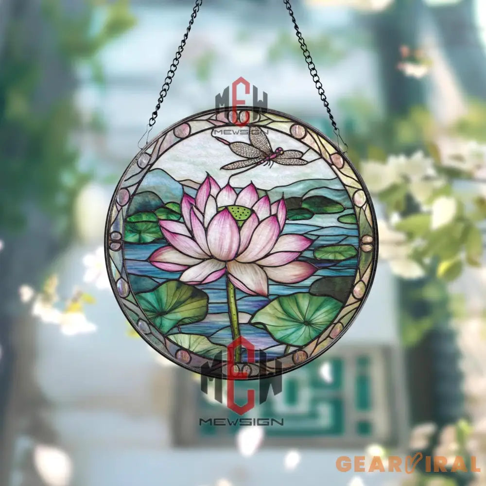 Lotus Flower Stained Glass Suncatcher with Dragonfly Round Window Hanging Panel Zen Nature Decor Asian Inspired Gift