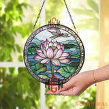 Lotus Flower Stained Glass Suncatcher with Dragonfly Round Window Hanging Panel Zen Nature Decor Asian Inspired Gift