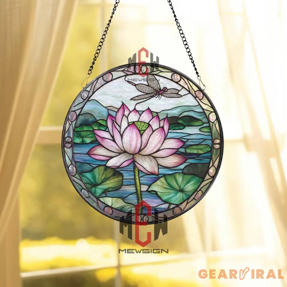 Lotus Flower Stained Glass Suncatcher with Dragonfly Round Window Hanging Panel Zen Nature Decor Asian Inspired Gift