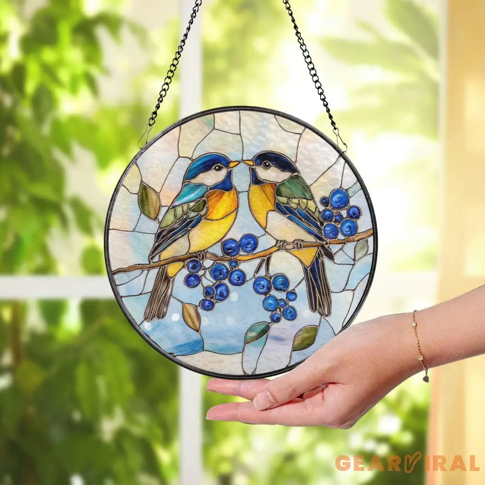 Lovebirds Stained Glass Suncatcher Colorful Birds on Berry Branch Window Hanging Romantic Nature Glass Art Gift for