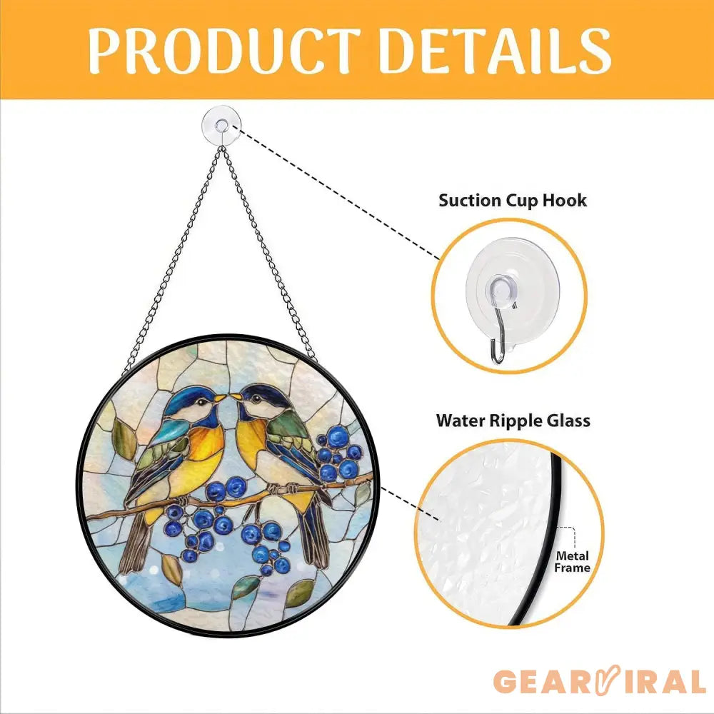 Lovebirds Stained Glass Suncatcher Colorful Birds on Berry Branch Window Hanging Romantic Nature Glass Art Gift for