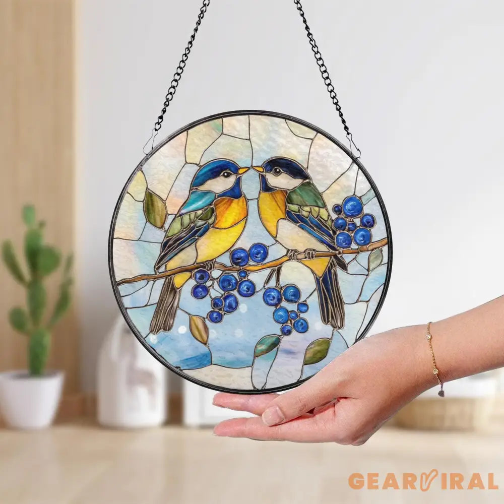 Lovebirds Stained Glass Suncatcher Colorful Birds on Berry Branch Window Hanging Romantic Nature Glass Art Gift for