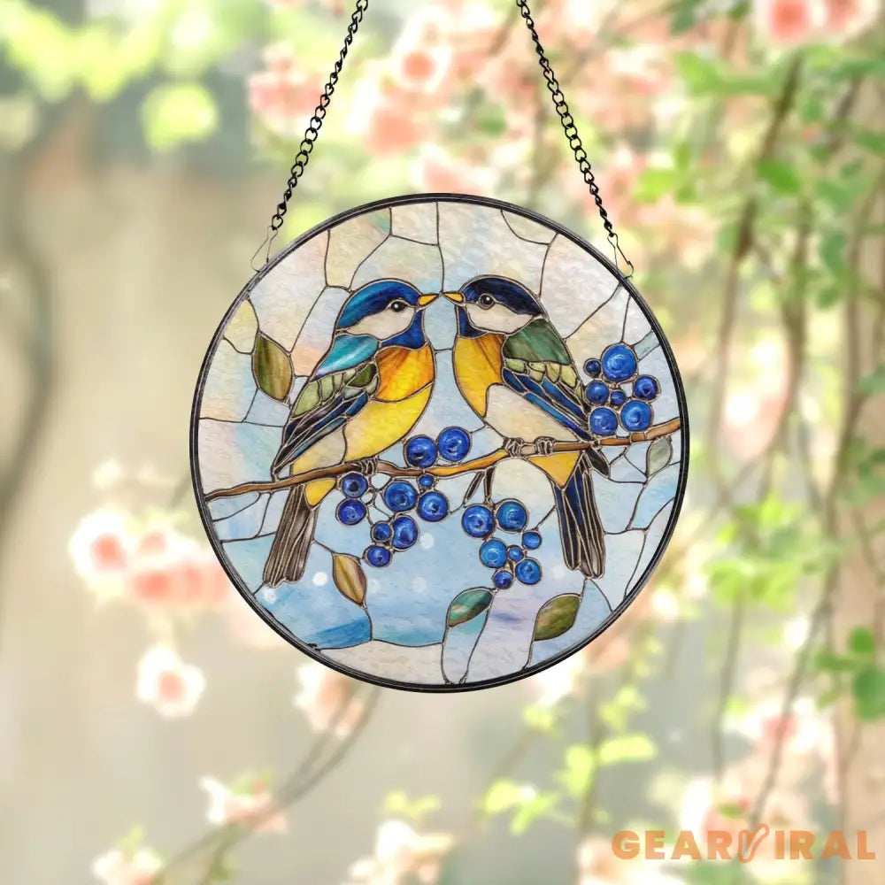 Lovebirds Stained Glass Suncatcher Colorful Birds on Berry Branch Window Hanging Romantic Nature Glass Art Gift for