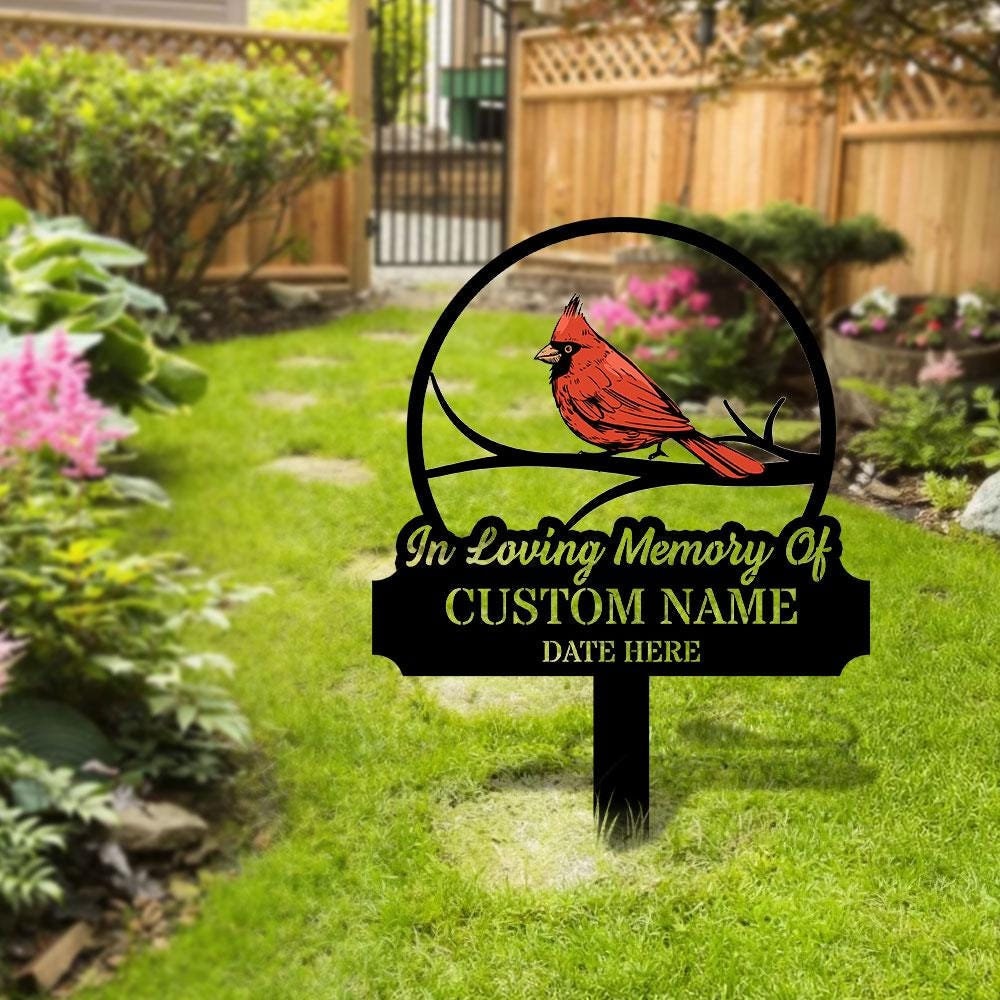 Loving Memories Cardinal Stake Metal Sign, Memorial Plaque, Buffterfly Grave Marker, Personalized Garden Sign,  Remembrance Stake, Sympathy