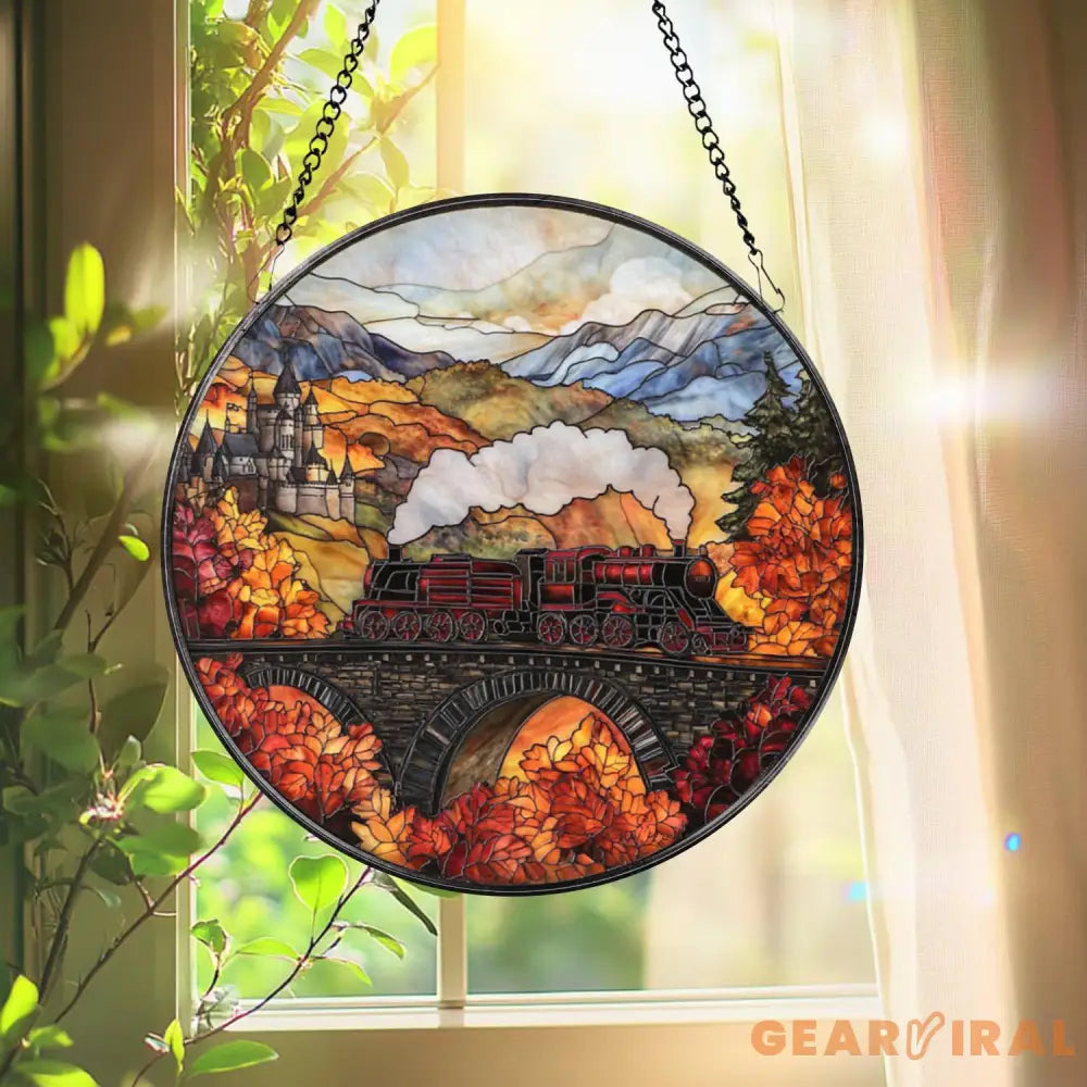 Magical Train Stained Glass Suncatcher Fantasy Castle Window Hanging Autumn Adventure Glass Art Gift for Book and