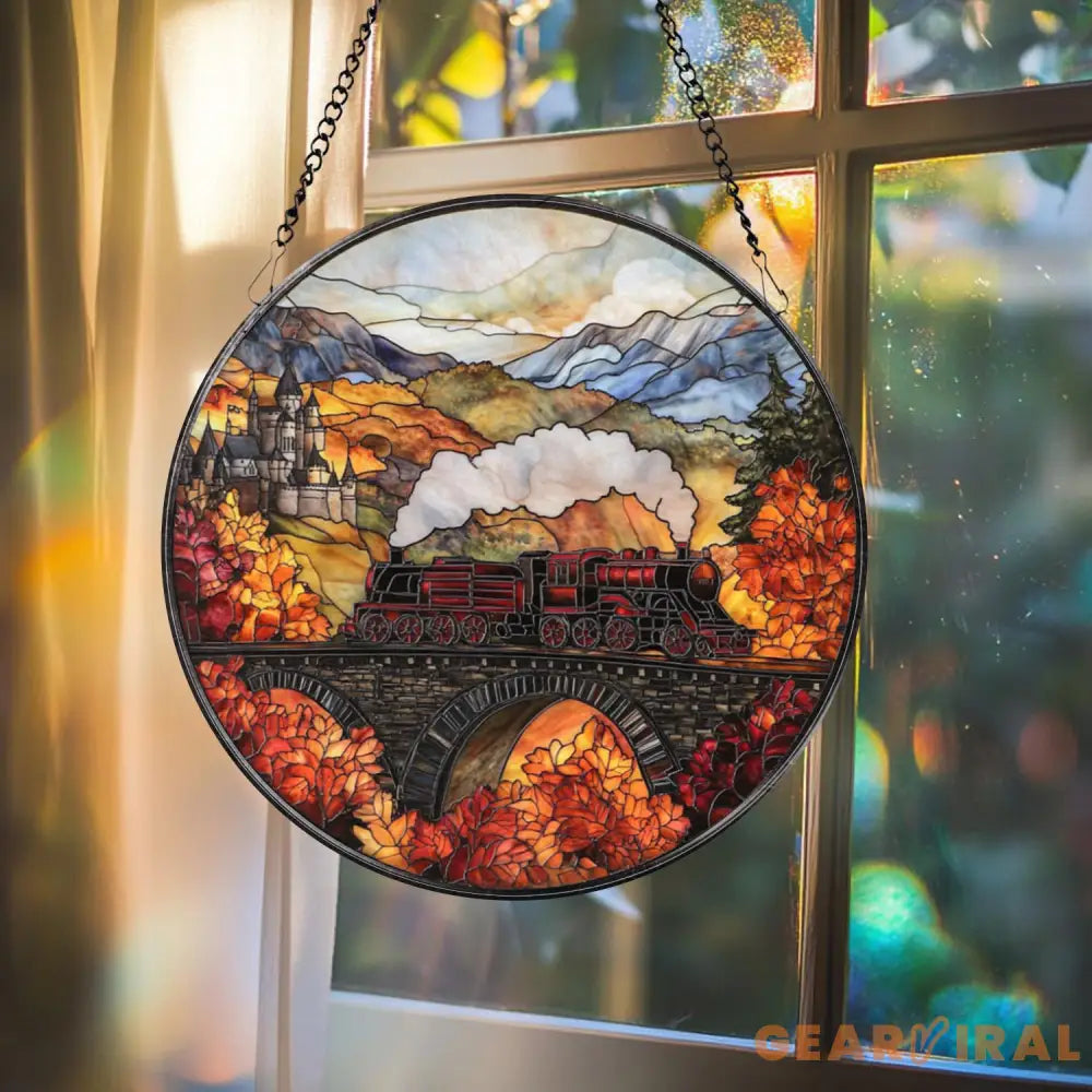 Magical Train Stained Glass Suncatcher Fantasy Castle Window Hanging Autumn Adventure Glass Art Gift for Book and