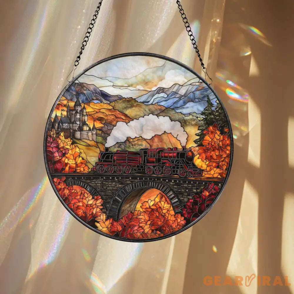 Magical Train Stained Glass Suncatcher Fantasy Castle Window Hanging Autumn Adventure Glass Art Gift for Book and