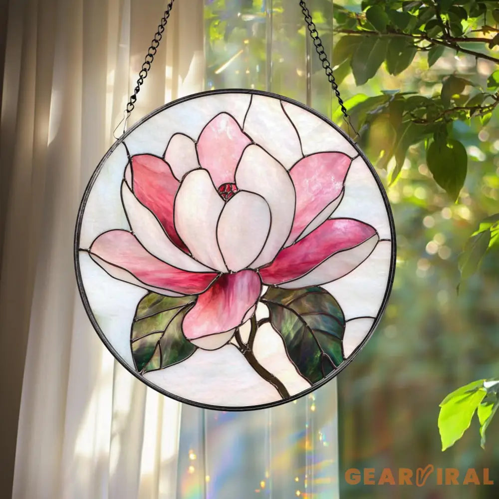 Magnolia Flower Stained Glass Suncatcher – Elegant Floral Window Hanging Romantic Pink Glass Art Gift for Nature and