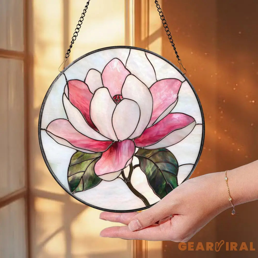 Magnolia Flower Stained Glass Suncatcher – Elegant Floral Window Hanging Romantic Pink Glass Art Gift for Nature and