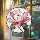 Magnolia Flower Stained Glass Suncatcher – Elegant Floral Window Hanging Romantic Pink Glass Art Gift for Nature and