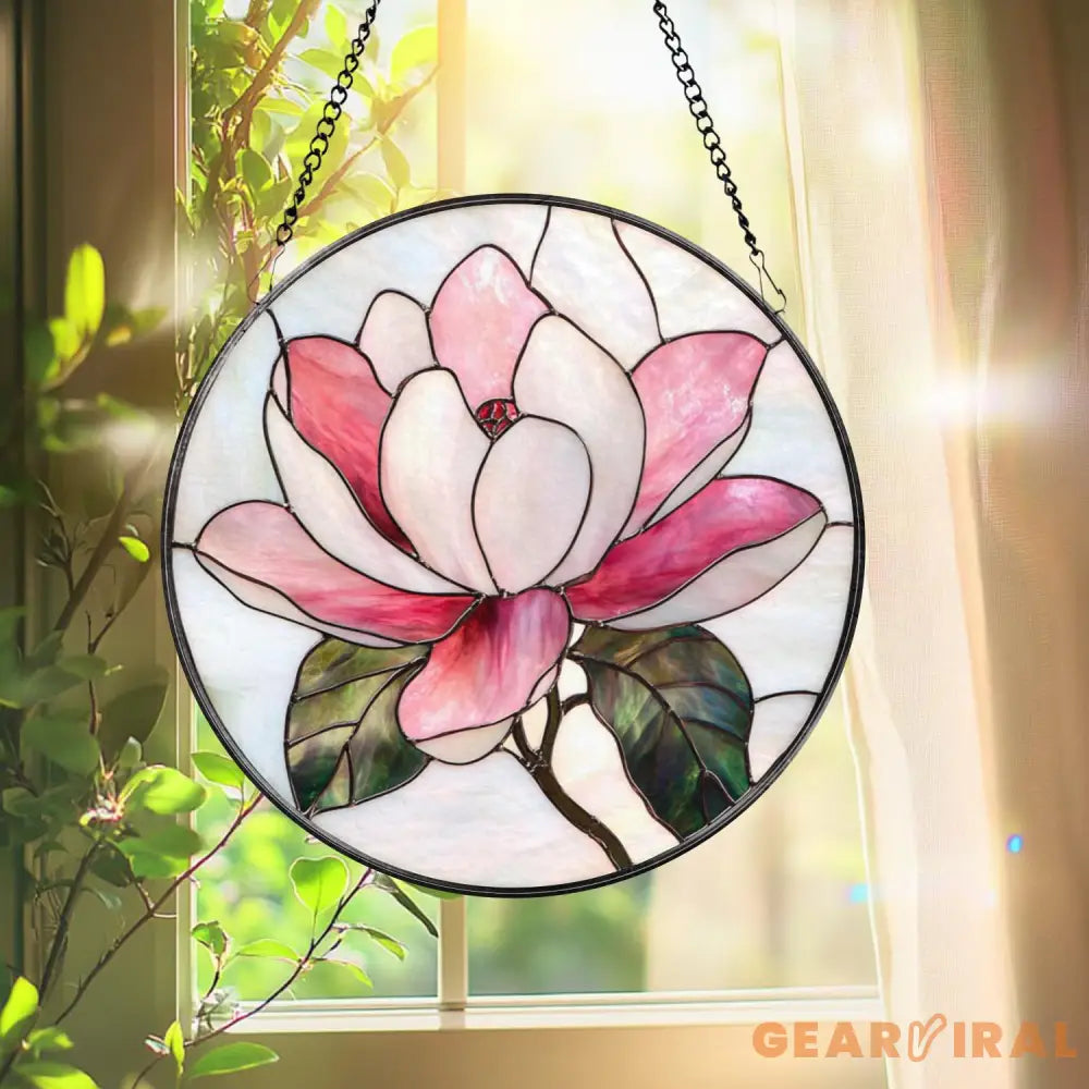 Magnolia Flower Stained Glass Suncatcher – Elegant Floral Window Hanging Romantic Pink Glass Art Gift for Nature and
