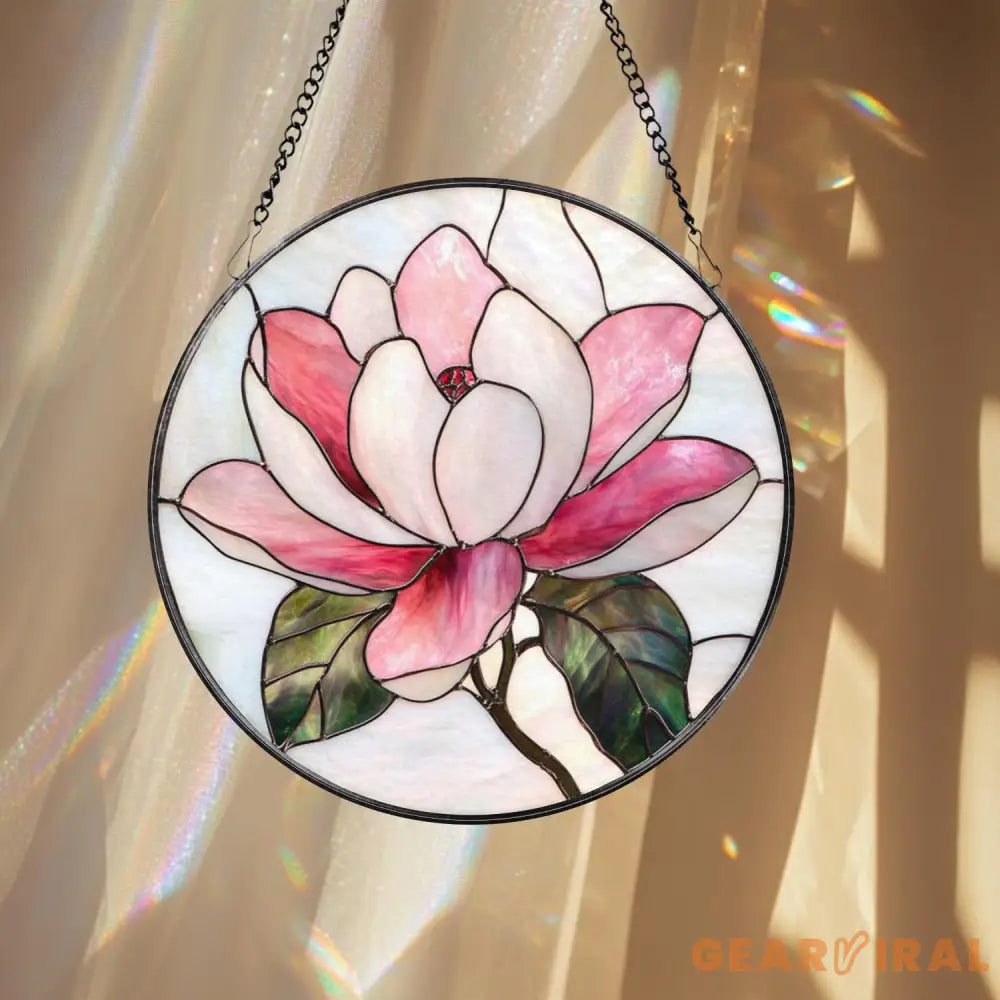 Magnolia Flower Stained Glass Suncatcher – Elegant Floral Window Hanging Romantic Pink Glass Art Gift for Nature and