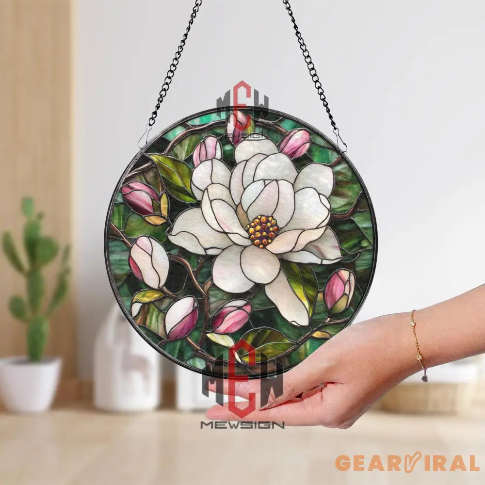 Magnolia Flower Stained Glass Suncatcher Elegant Floral Window Hanging Southern Bloom Glass Panel for Nature-Inspired