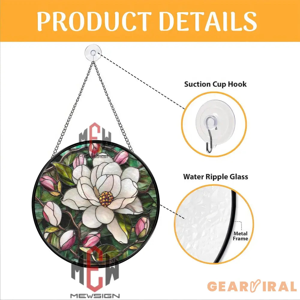 Magnolia Flower Stained Glass Suncatcher Elegant Floral Window Hanging Southern Bloom Glass Panel for Nature-Inspired