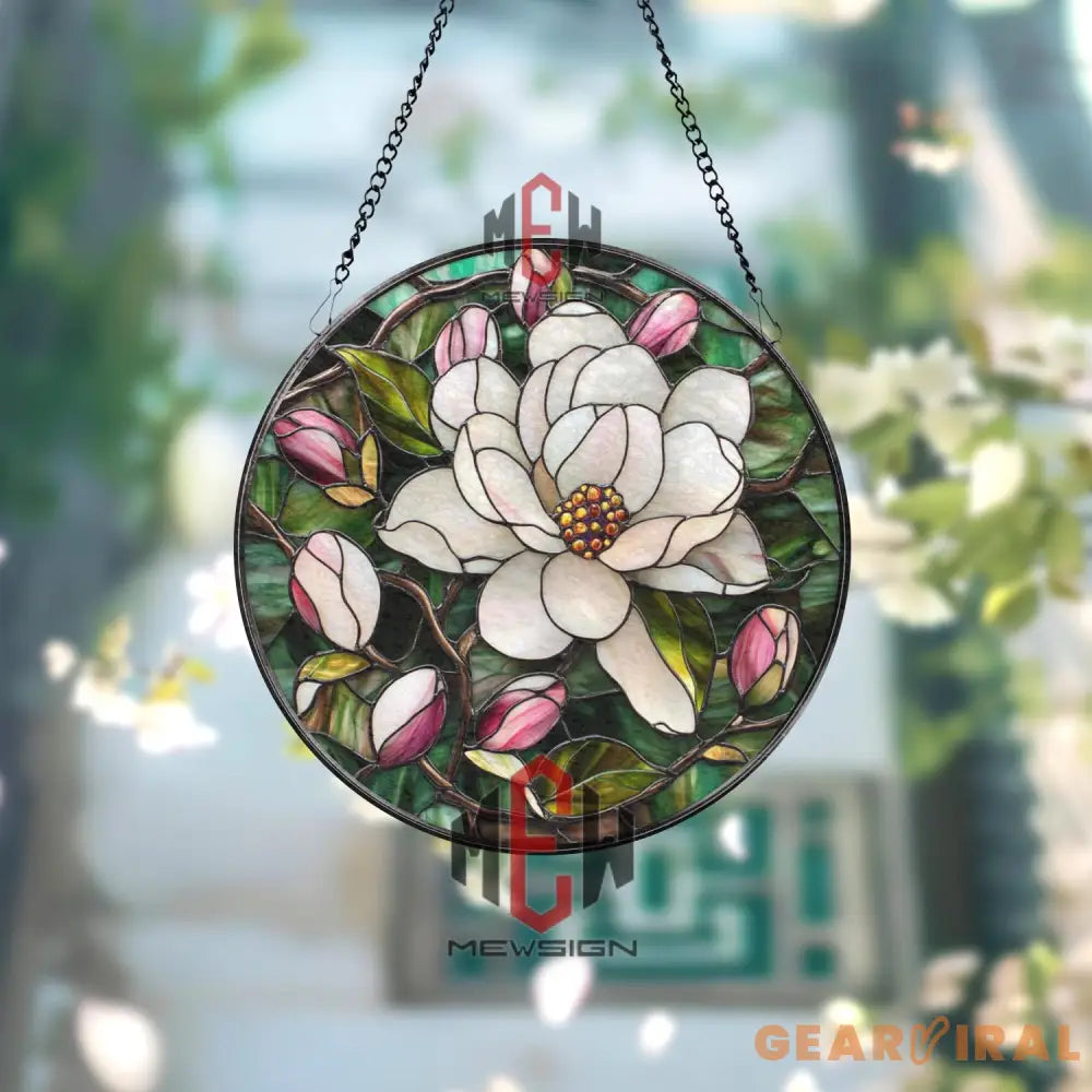 Magnolia Flower Stained Glass Suncatcher Elegant Floral Window Hanging Southern Bloom Glass Panel for Nature-Inspired