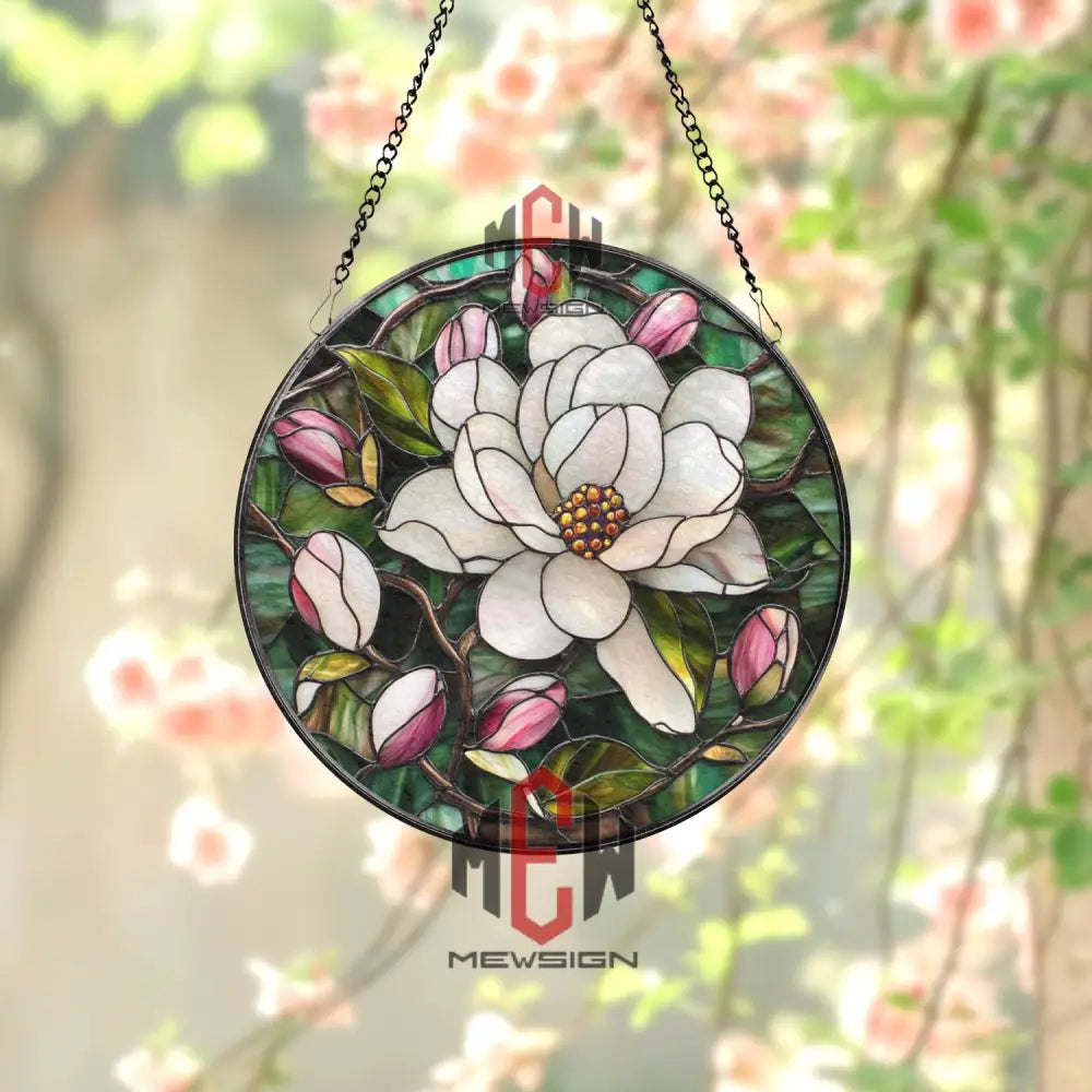 Magnolia Flower Stained Glass Suncatcher Elegant Floral Window Hanging Southern Bloom Glass Panel for Nature-Inspired