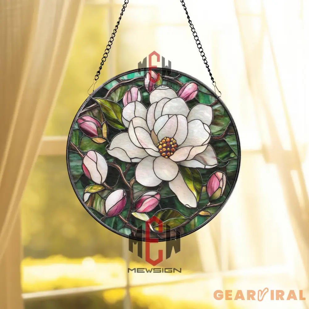 Magnolia Flower Stained Glass Suncatcher Elegant Floral Window Hanging Southern Bloom Glass Panel for Nature-Inspired