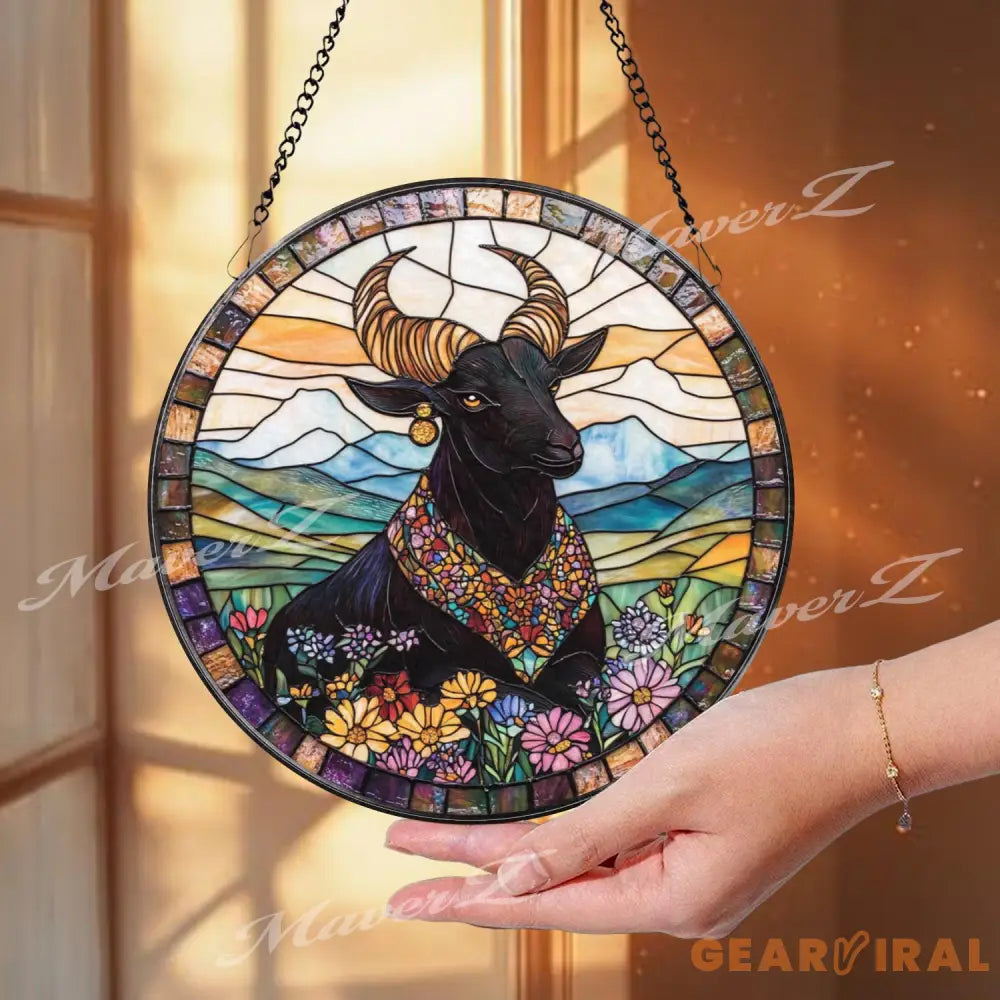 Majestic Bull Stained Glass Suncatcher Floral Highland Window Hanging Boho Farmhouse Animal Decor Gift for Nature Lovers