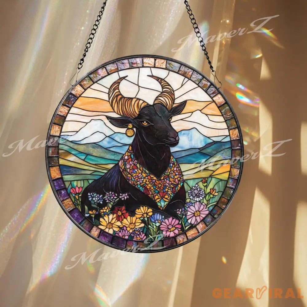 Majestic Bull Stained Glass Suncatcher Floral Highland Window Hanging Boho Farmhouse Animal Decor Gift for Nature Lovers