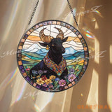 Majestic Bull Stained Glass Suncatcher Floral Highland Window Hanging Boho Farmhouse Animal Decor Gift for Nature Lovers