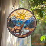 Majestic Deer Stained Glass Suncatcher Mountain Sunset Window Hanging Rustic Cabin Decor Forest Wildlife Glass Art