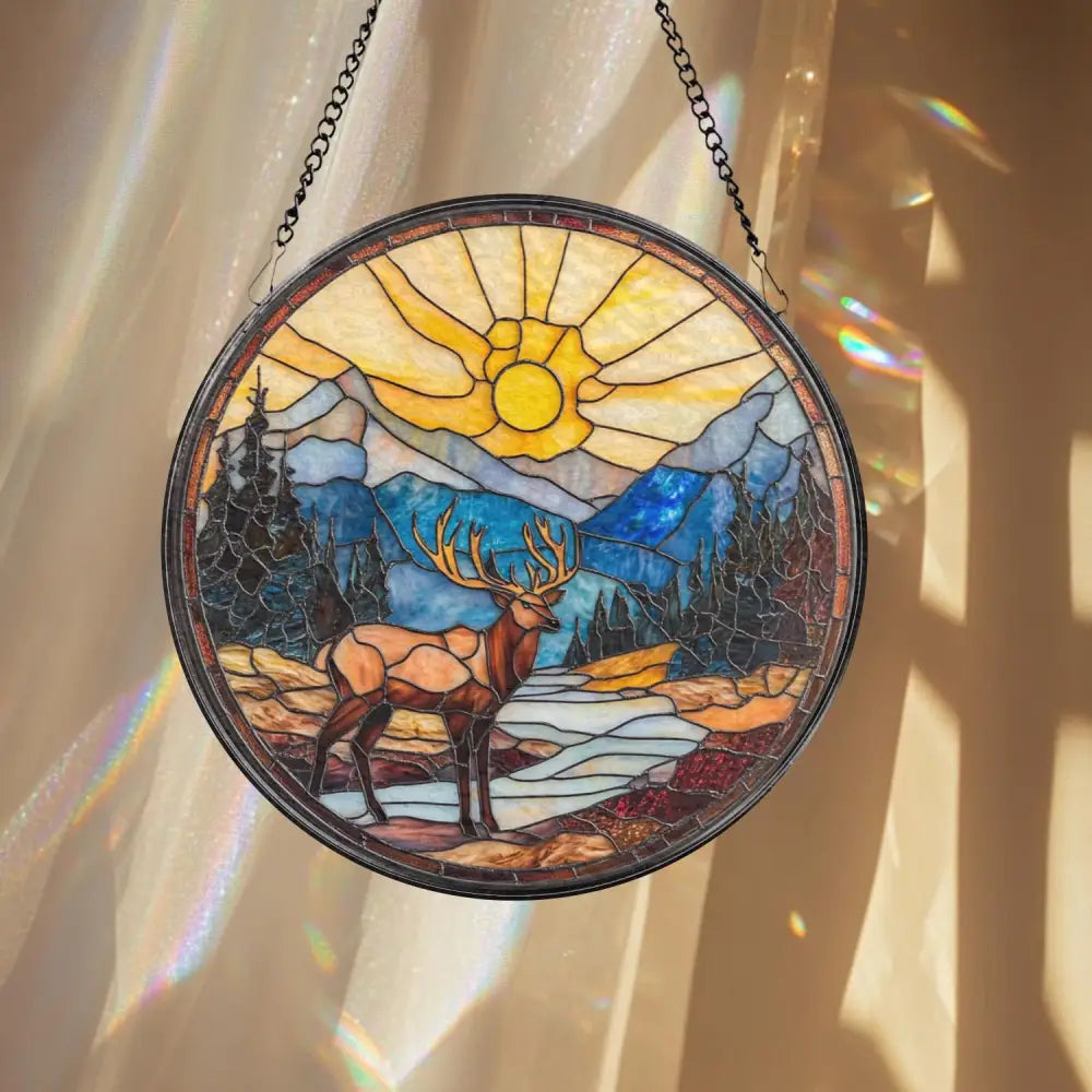 Majestic Deer Stained Glass Suncatcher Mountain Sunset Window Hanging Rustic Cabin Decor Forest Wildlife Glass Art